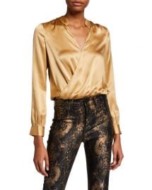 L  x27 Agence Marcella Surplice Long-Sleeve Silk Charmeuse Bodysuit at Neiman Marcus